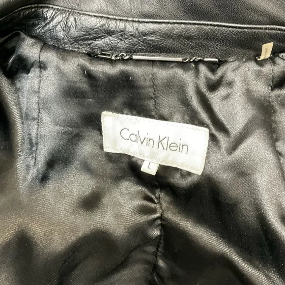 Calvin Klein Black Women's Snap Button Zip Genuine Leather Jacket Size L